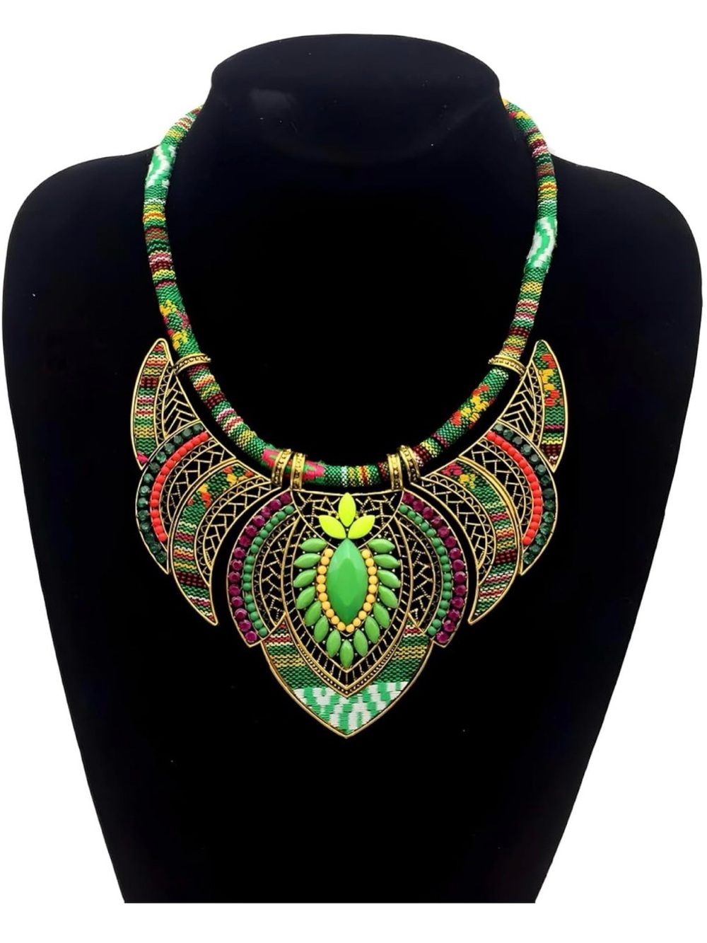 Statement Green Multicolor Bib Necklace -  Ethnic Beaded Collar